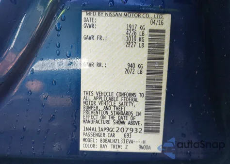 2016 Nissan Altima 2.5 Sr from USA, damaged, VIN 1N4AL3AP9GC207932